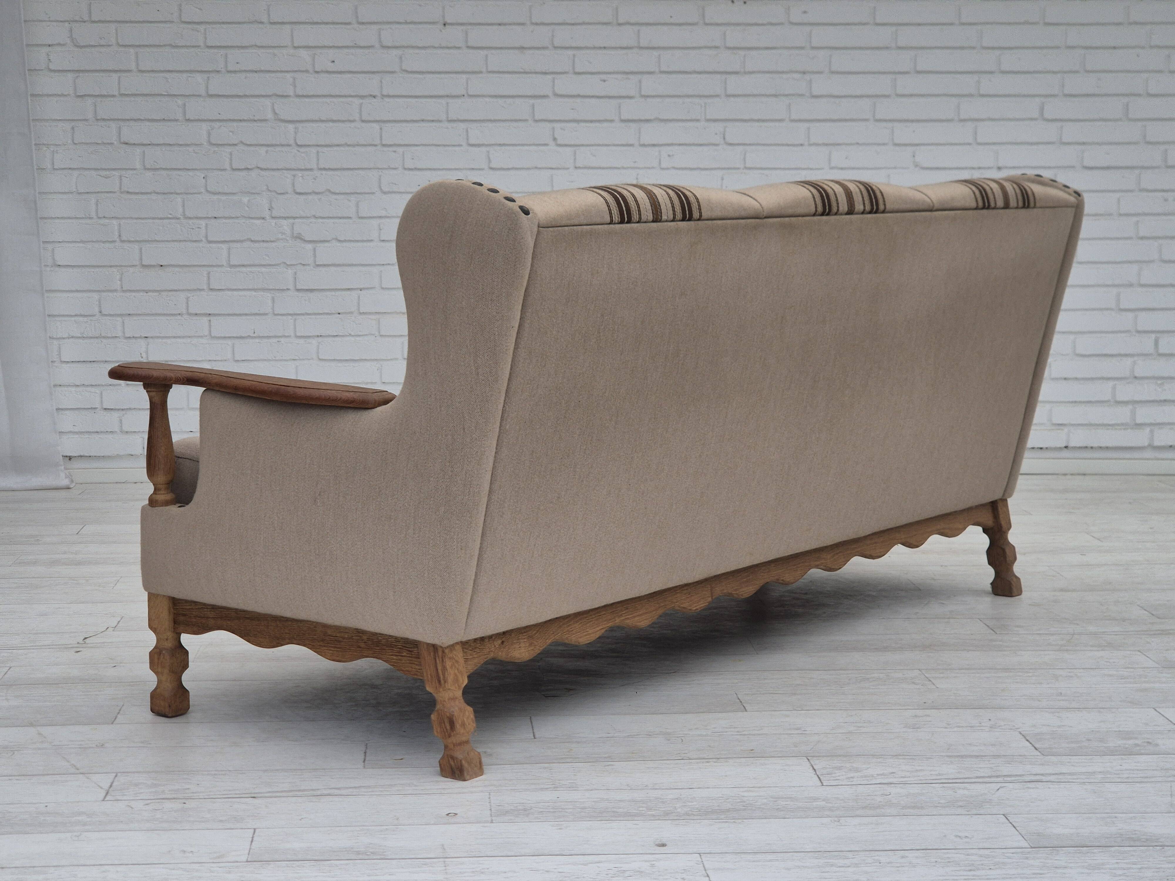 1970s, Danish 3-seater sofa, furniture wool fabric, oak wood, original.