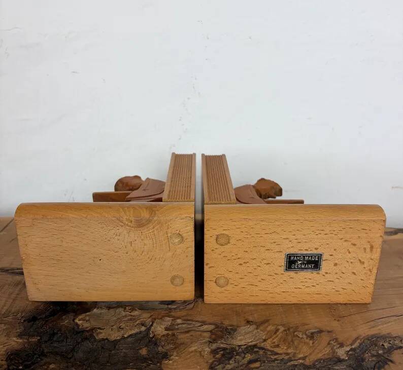 Vintage Mid-Century Cubist German Carved Wood Bookends – Art Deco Style