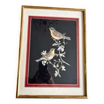 Lithographie oiseaux sur branche fleurie