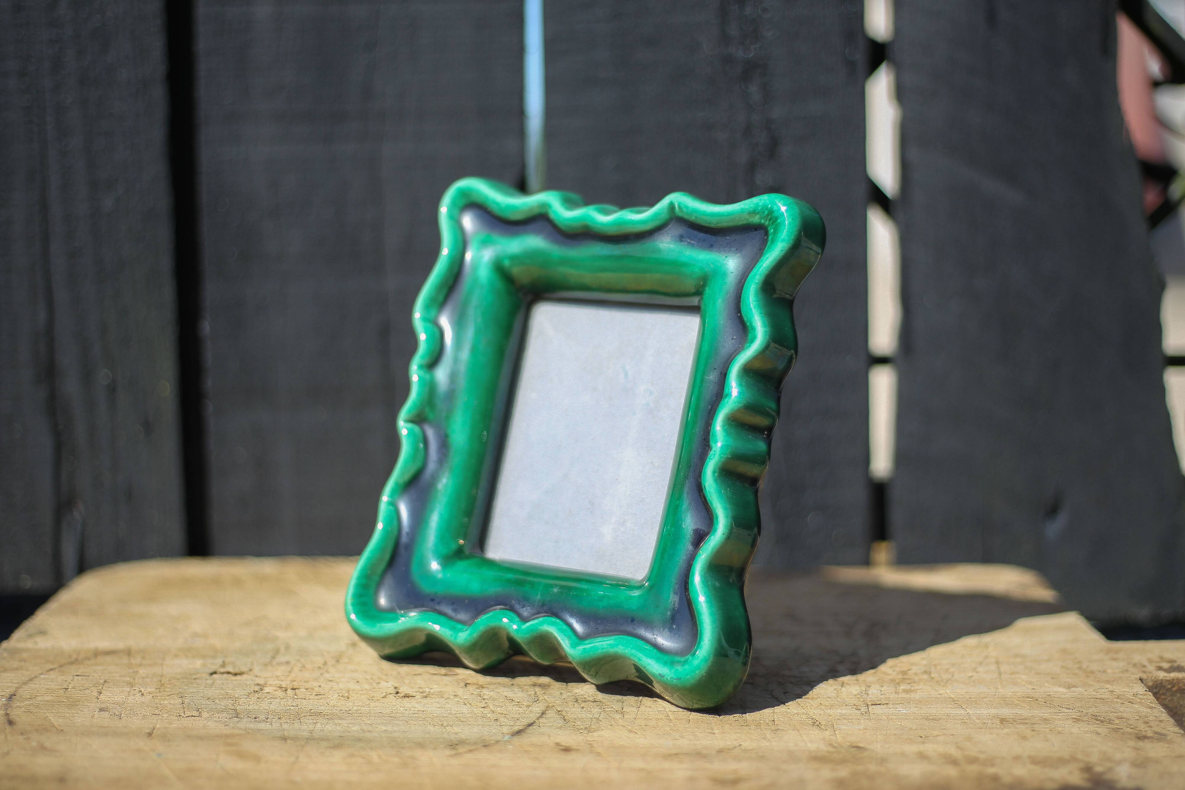 Green ceramic photo frame, vintage ceramic frame, photo frame, interior decoration