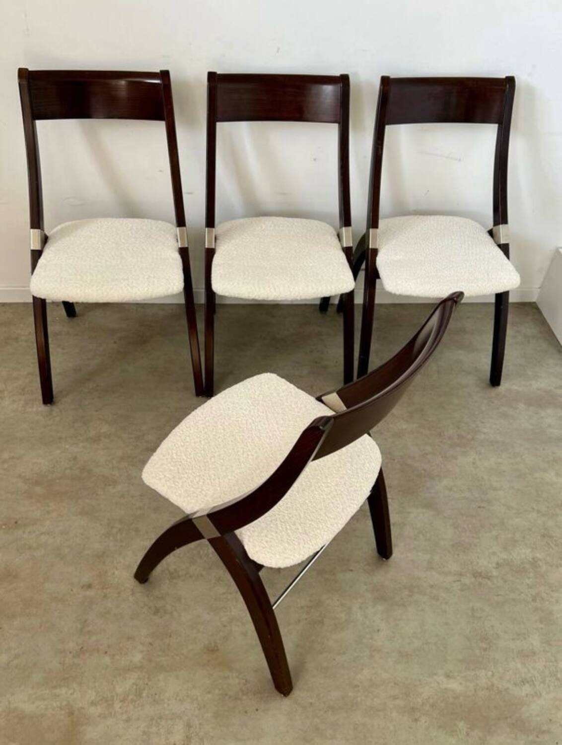Set of 4 vintage 70s Italian design wooden and terry chairs