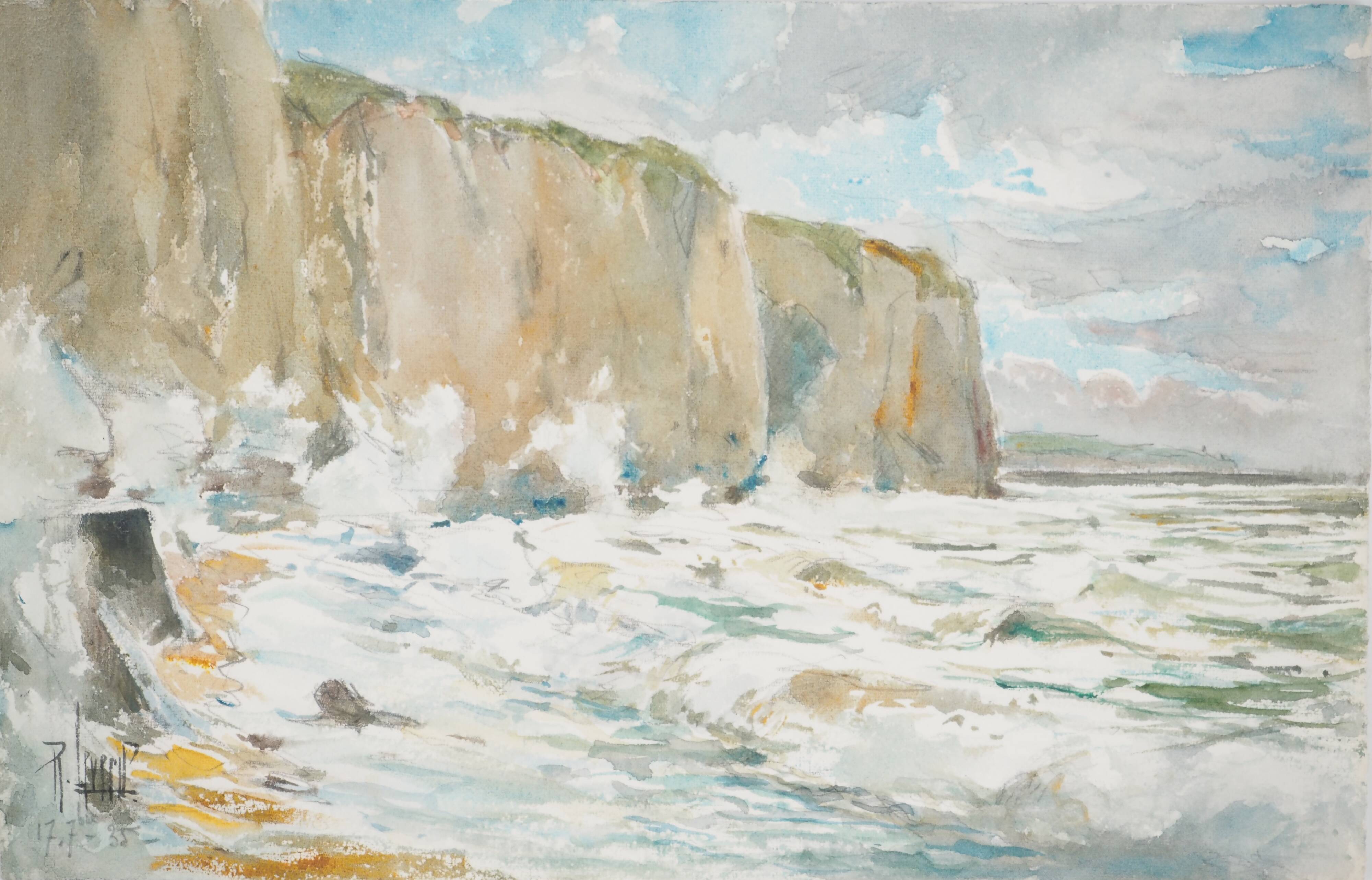 René leverd: waves against the cliffs, original signed watercolor