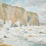 René leverd: waves against the cliffs, original signed watercolor