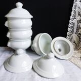 White onion soup bowls with lids, French soup bowls.