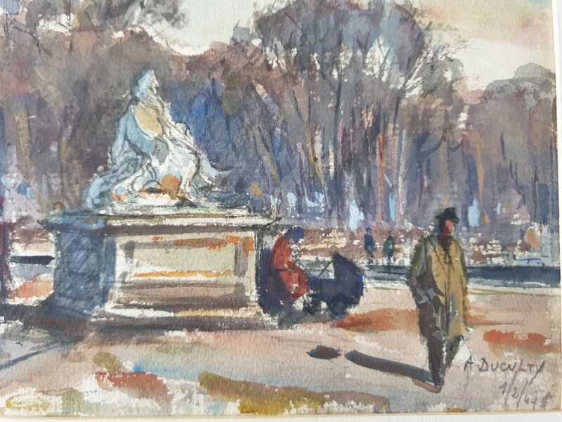 André Duculty (1912-1990) Watercolor on paper "The Tuileries Garden in Paris" Signed below