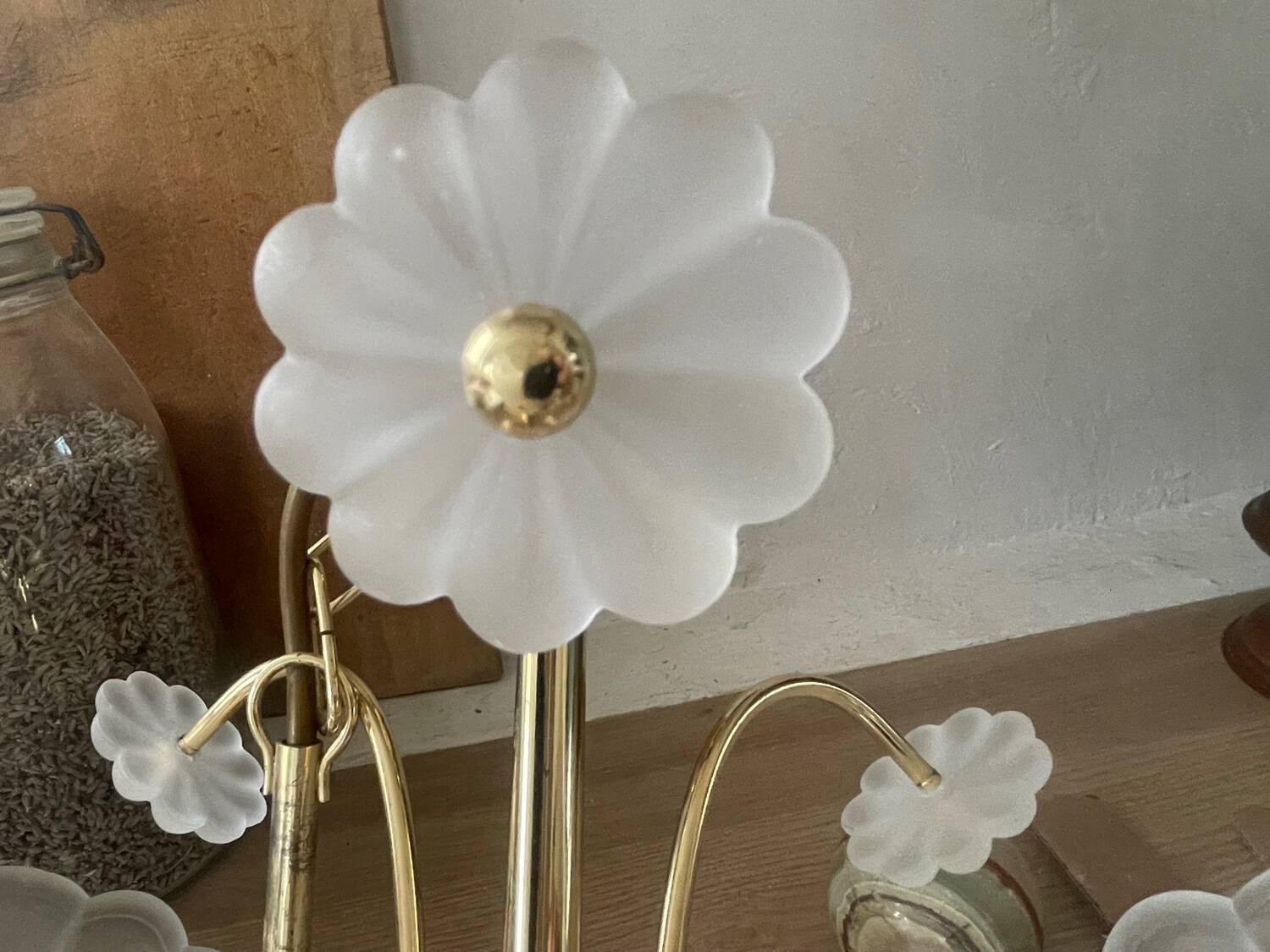 Frosted shell and gilded metal chandelier