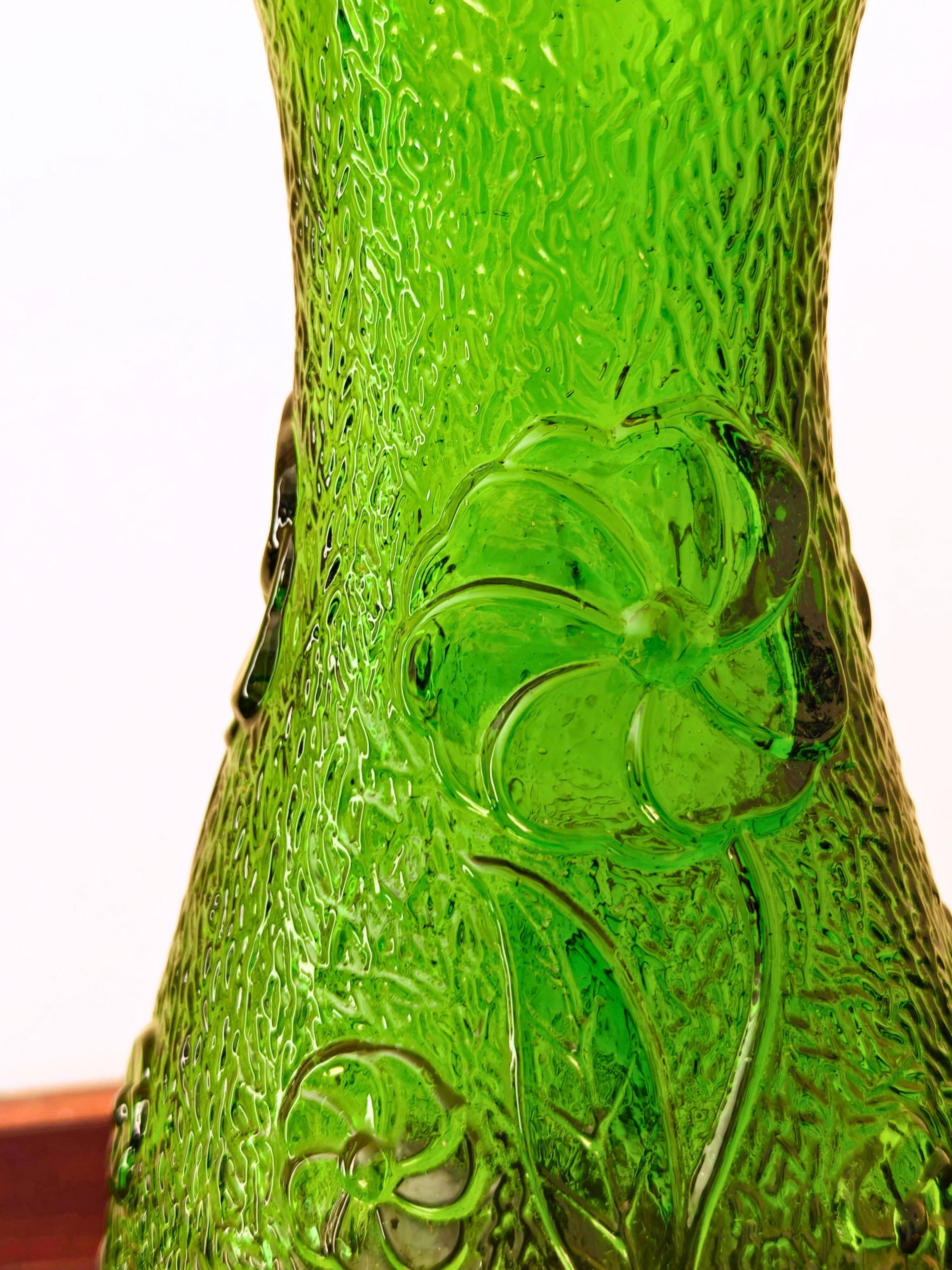 Constantin Vase Made in Italy vintage green glass with floral relief