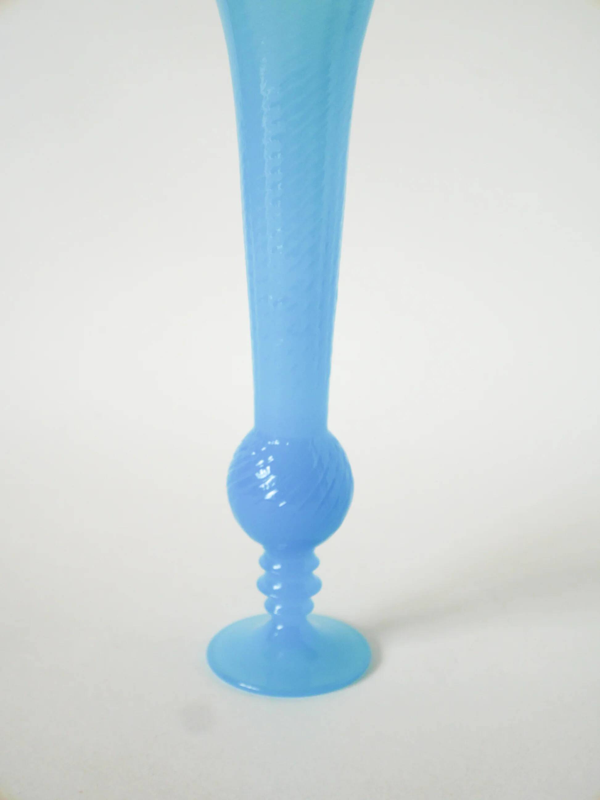 Opaline vase with a scalloped and textured neck, blue, 1960.