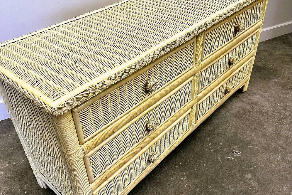 Mid-century pale yellow rattan and bamboo chest of drawers