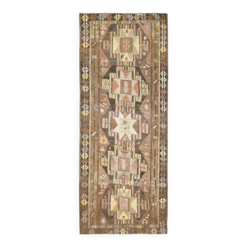 1970s Vintage Turkish Hand-Knotted Wool Cotton Brown Runner Rug 150x390