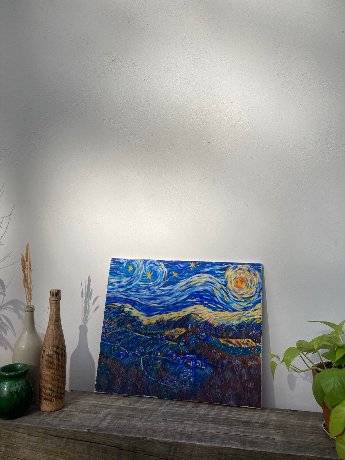 Starry night landscape painting oil on canvas
