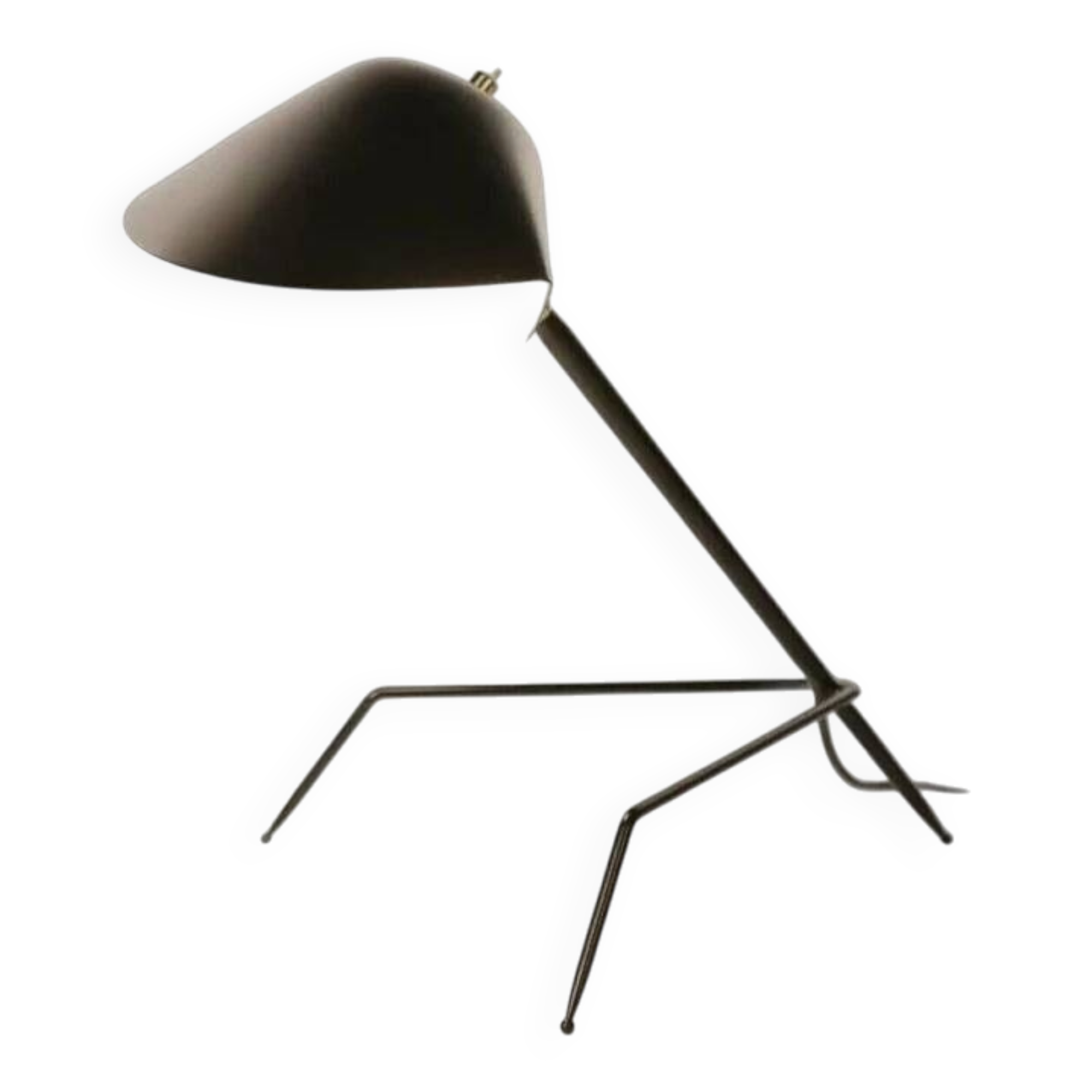 Serge Mouille tripod desk lamp, metallic finish table lamp.