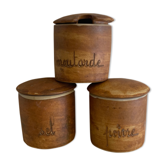 Ensemble salière, pepper and mustard maker in sandstone la Colombe, 1970