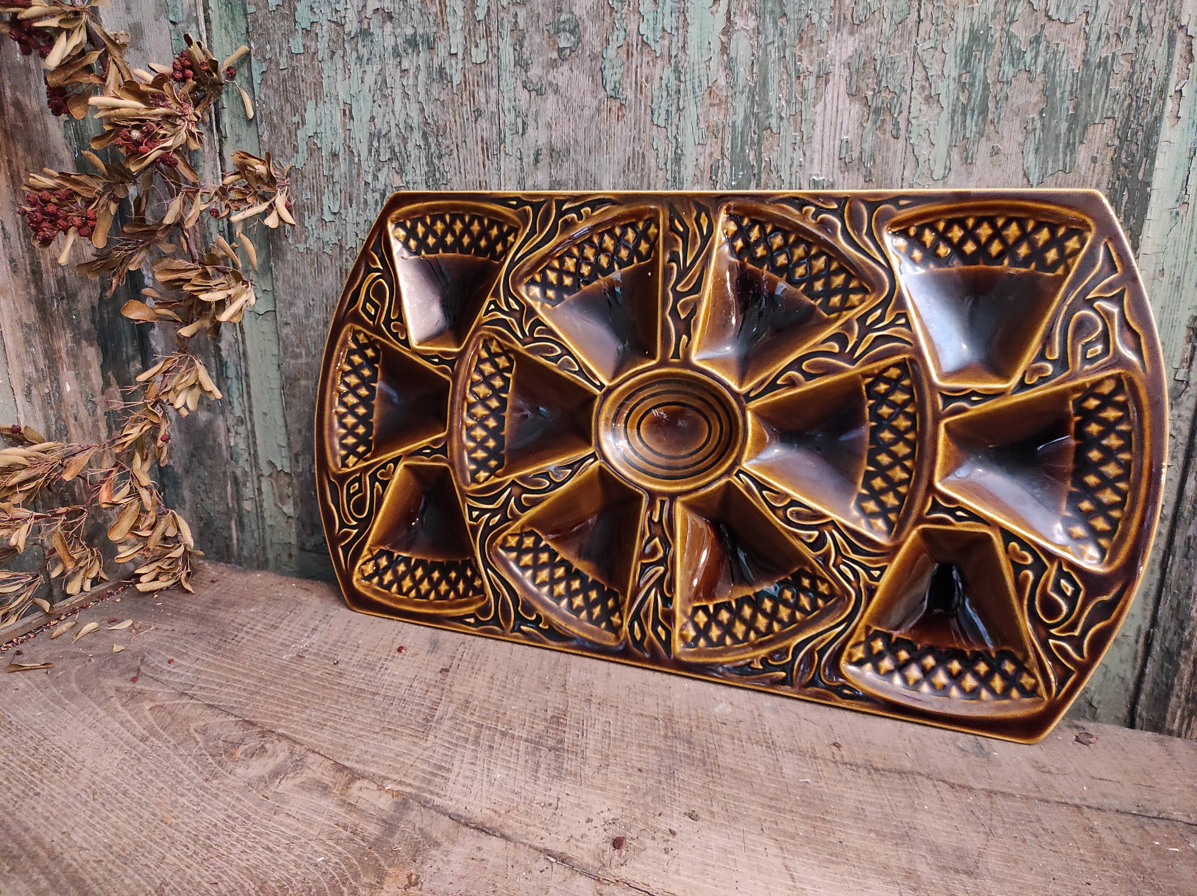 Plateau à huîtres rectangulaire Art déco Français en majolique de Sarreguemines