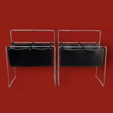 Pair of vintage magazine racks in chromed metal and black leatherette - 1970s