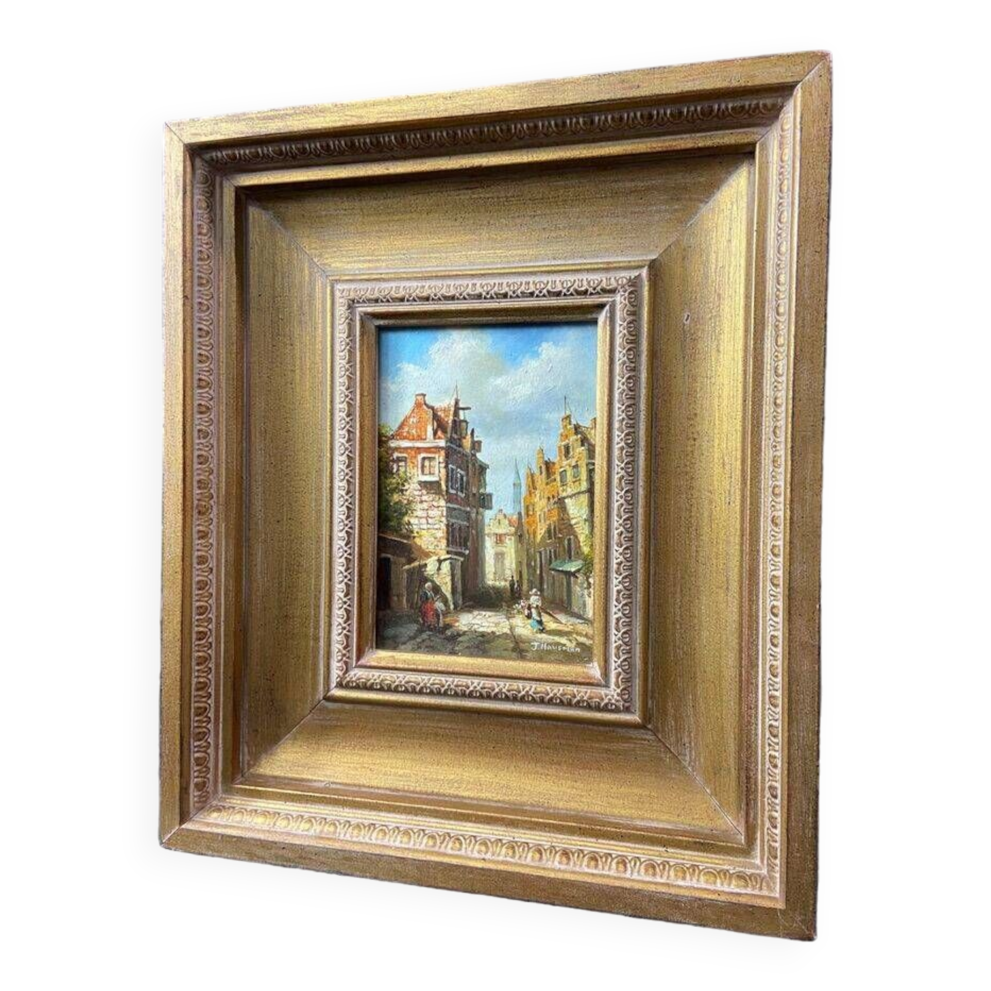 Oil painting on panel German school busy street Germany J. Hausman