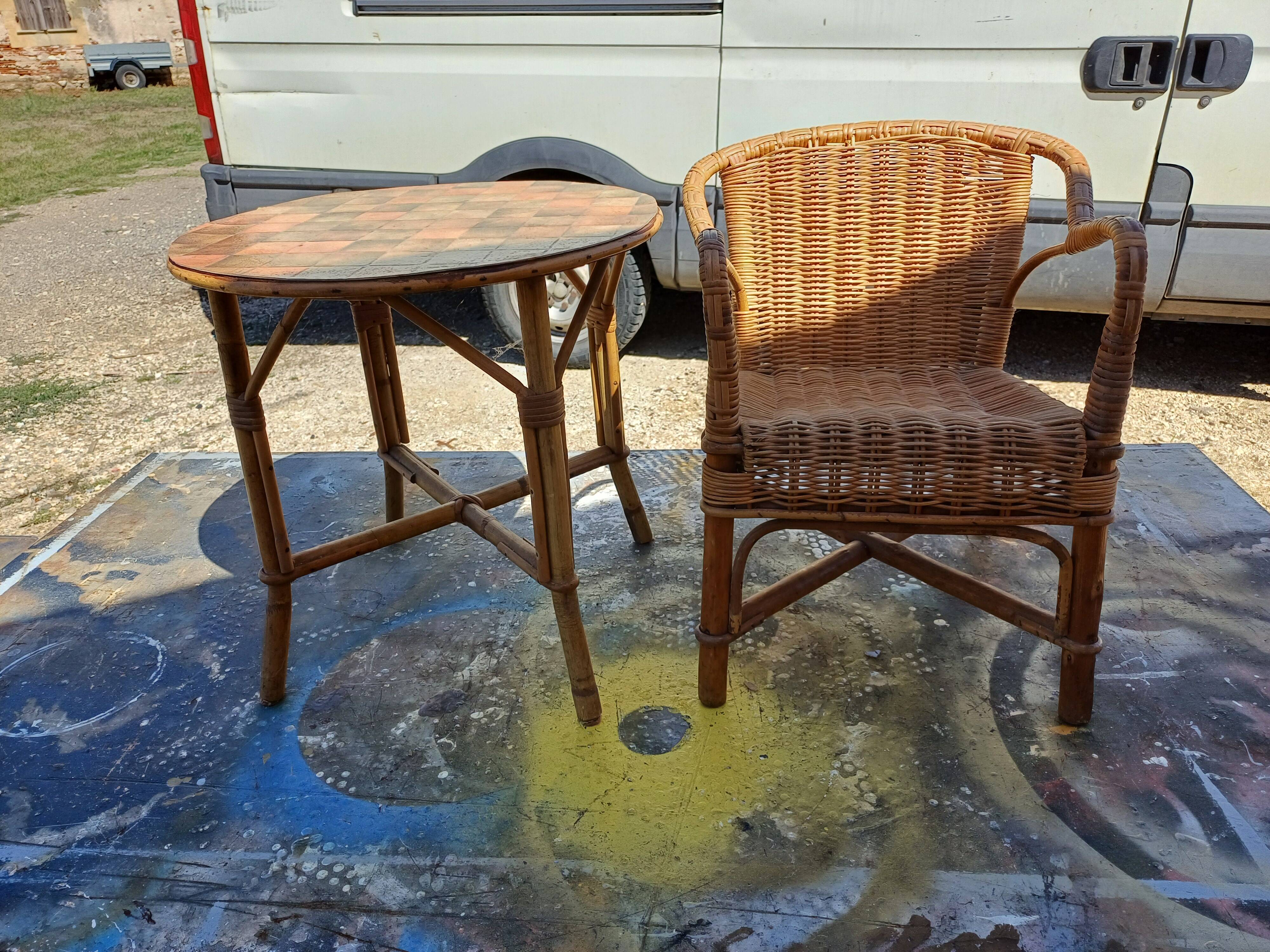Vintage Bamboo and Rattan Children's Table + Armchair