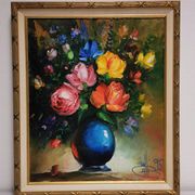 Tableau / huile sur toile bouquet de fleurs cadre doré