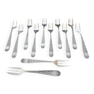 Christofle - Série de 12 fourchettes à gâteaux modèle Villeroy en métal argenté
