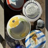 3 large Italian plates with blue stripes and lemons pattern