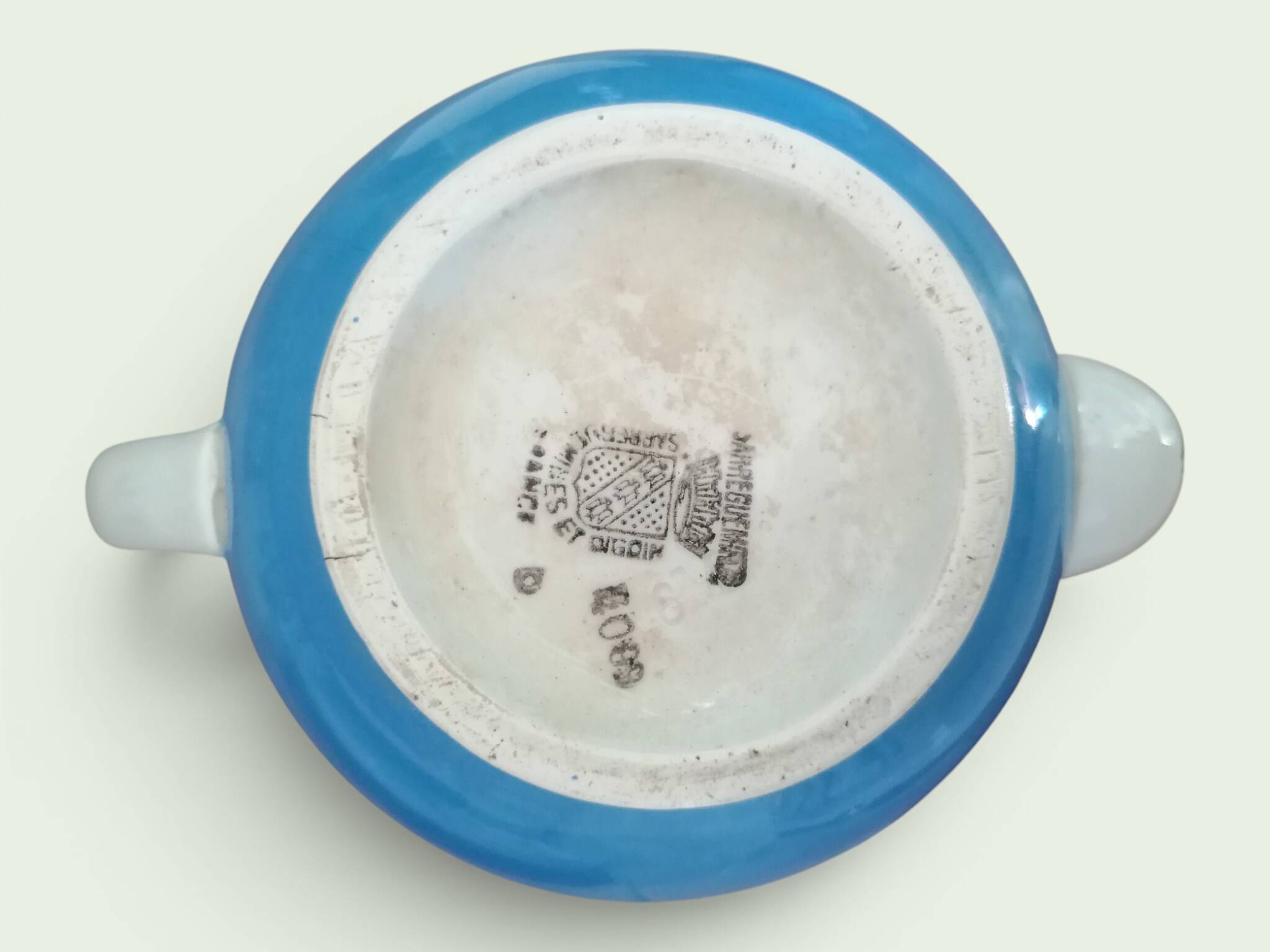 Service à thé en faience ancienne bleu et rose. Sarreguemine 1950