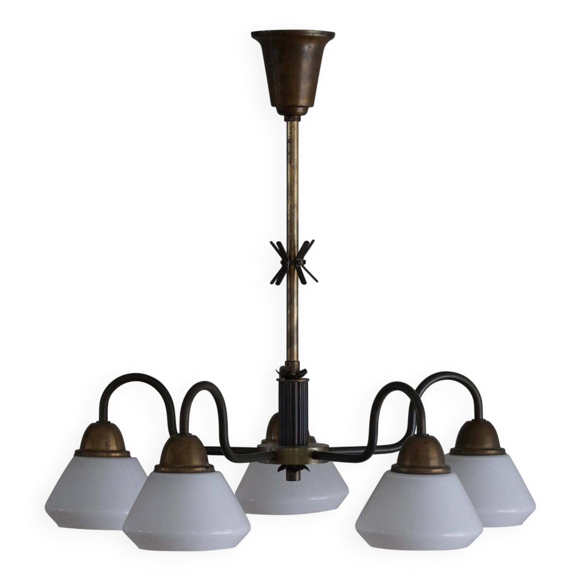 A modern Danish chandelier with 5 heads in opaline glass and brass, Art Deco, 1940s.