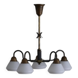 A modern Danish chandelier with 5 heads in opaline glass and brass, Art Deco, 1940s.