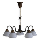 A modern Danish chandelier with 5 heads in opaline glass and brass, Art Deco, 1940s.