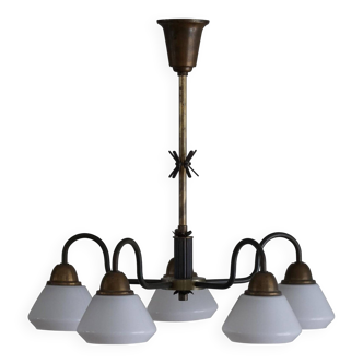 A modern Danish chandelier with 5 heads in opaline glass and brass, Art Deco, 1940s.