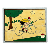 Wooden puzzle frame from the 30s/40s depicting a cyclist