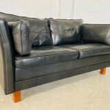 Vintage retro danish mogens hansen 2 person black leather sofa