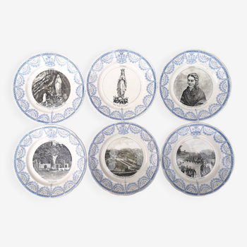 Series of 6 talking plates Lourdes Digoin Sarreguemines