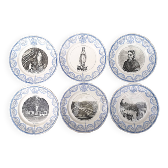 Series of 6 talking plates Lourdes Digoin Sarreguemines