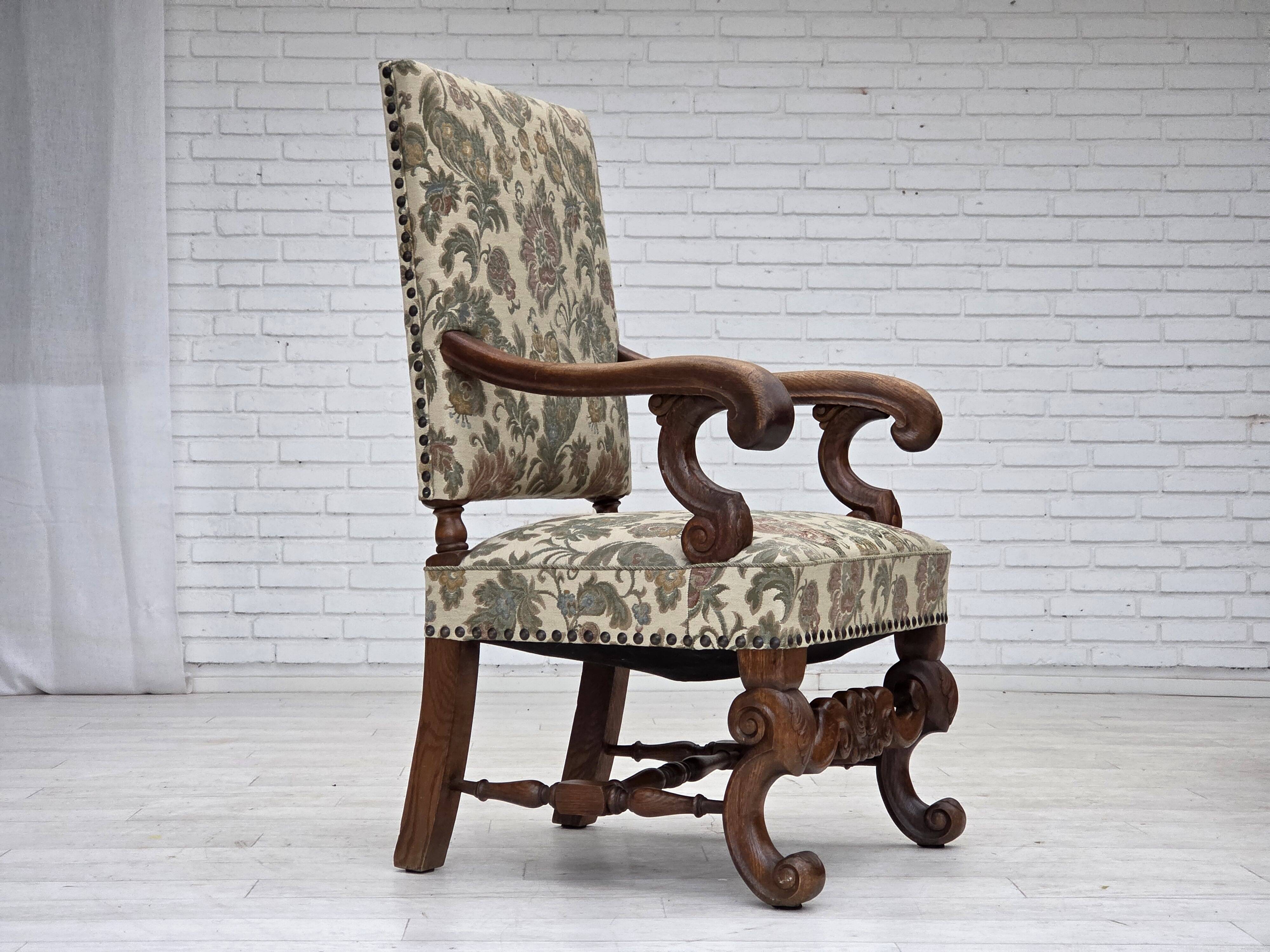 1950s, Scandinavian highback armchair, furniture fabric, oak wood.