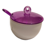 Porcelain and plastic sugar bowl with small purple gocce spoon