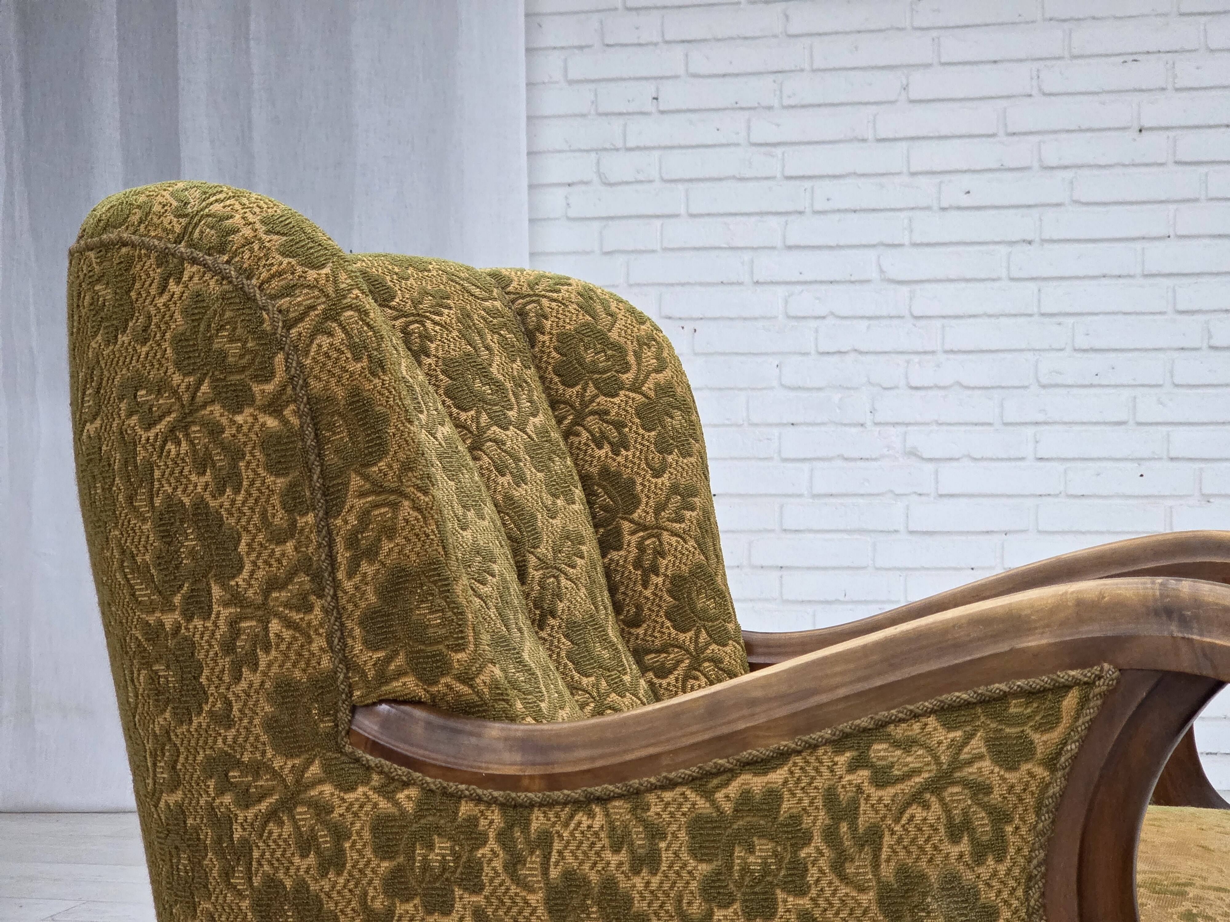 1950s, Danish armchair, furniture wool, hand carved oak wood.