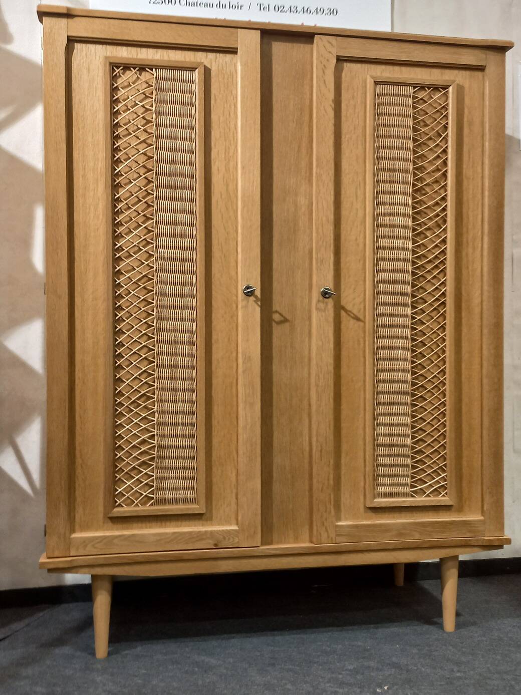 Vintage 70s rattan, wicker, and oak wardrobe