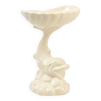 Dartmouth pottery koi carp supporting a shell-shaped dish/vase.