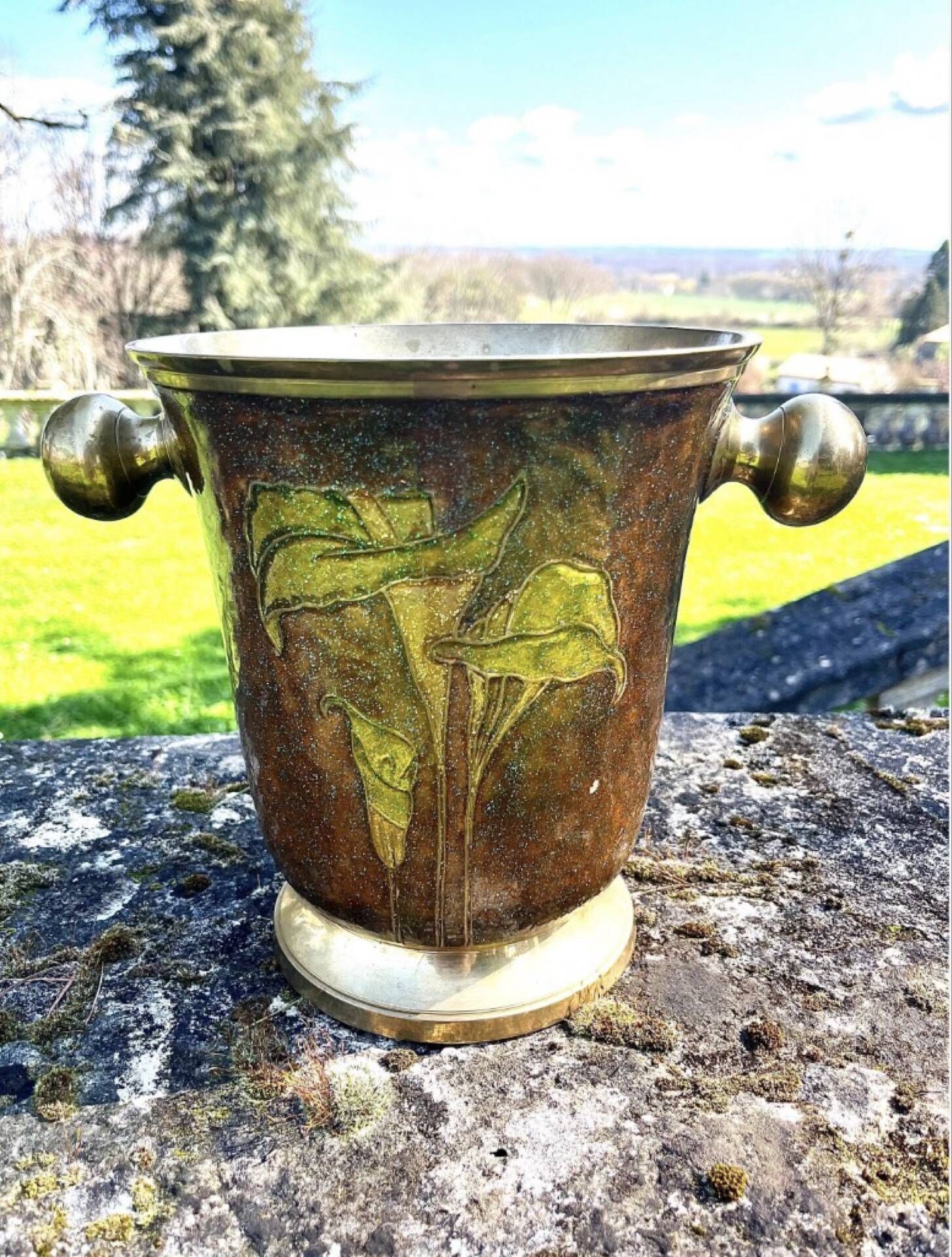 Brass Enamel Cloisonne cooler, French Floral Champagne Ice Bucket