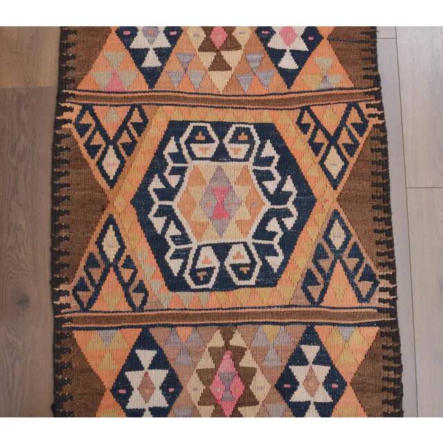 1970s Vintage Turkish Hand-Knotted Wool Cotton Brown Runner Rug 91x355