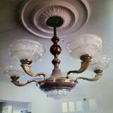 Art Deco chandelier in copper brass and molded waterdrop glass