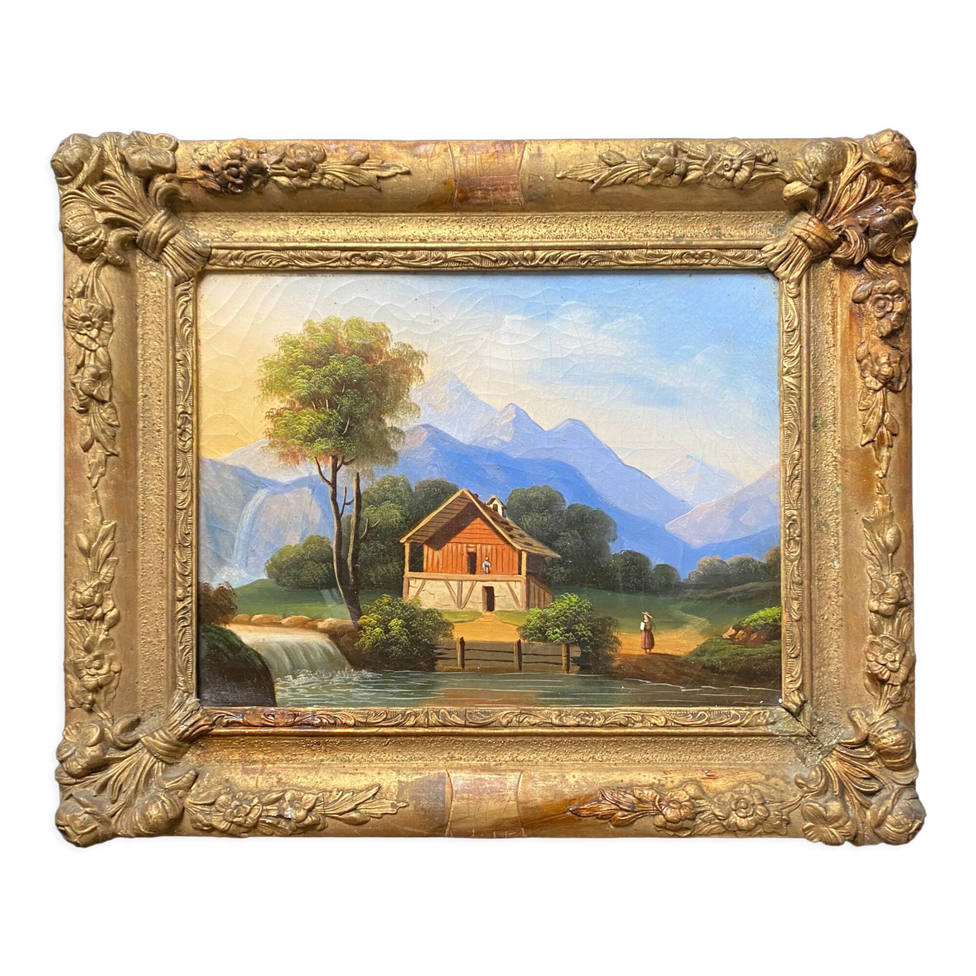 Table HST "Mountain landscape at the lively waterfall" XIX° + frame