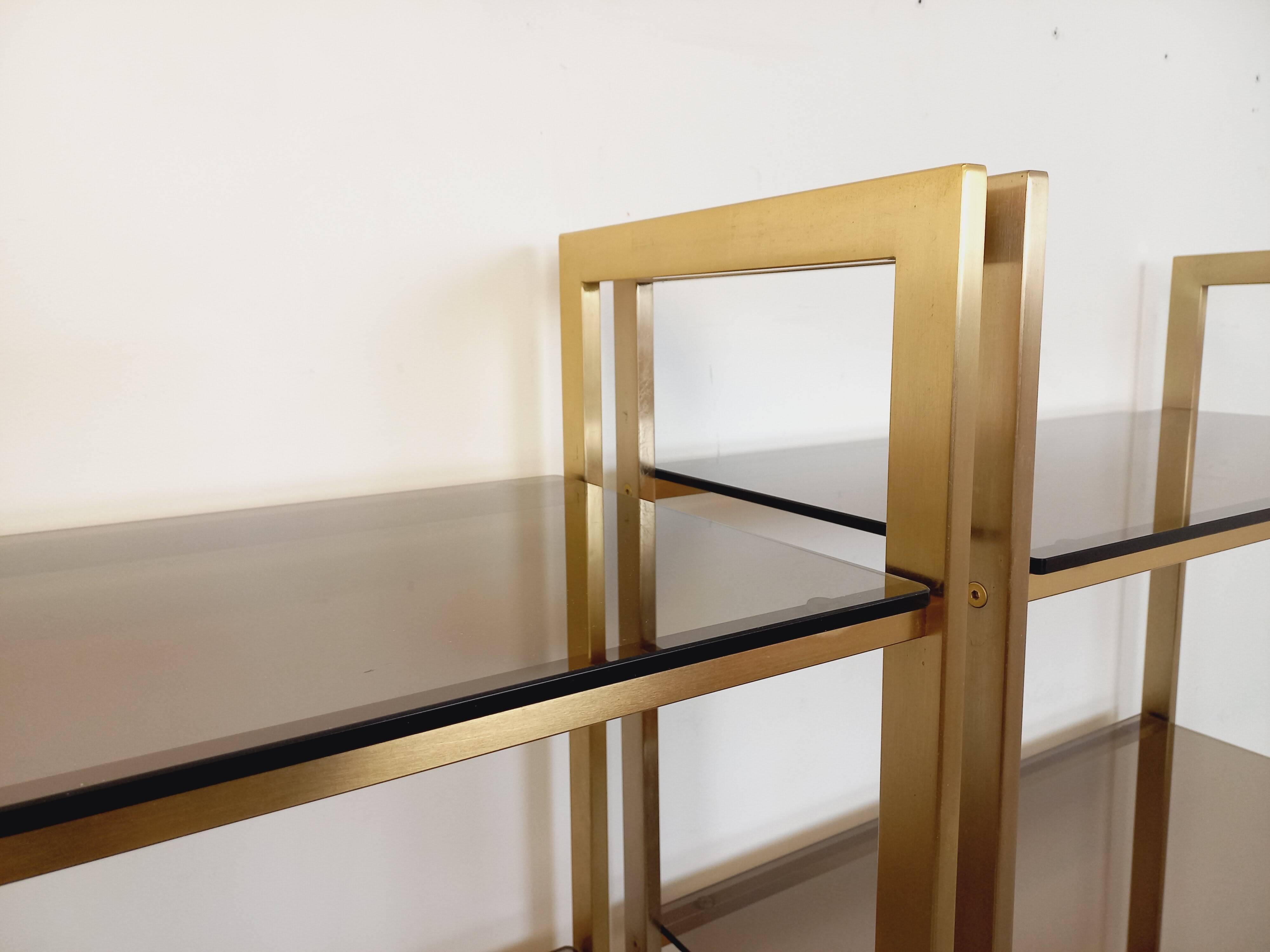 Artelano vintage bookcase shelves in gold metal smoked glass from the 70s