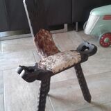 Chaise tabouret tripode  bois et peau vintage 50/60