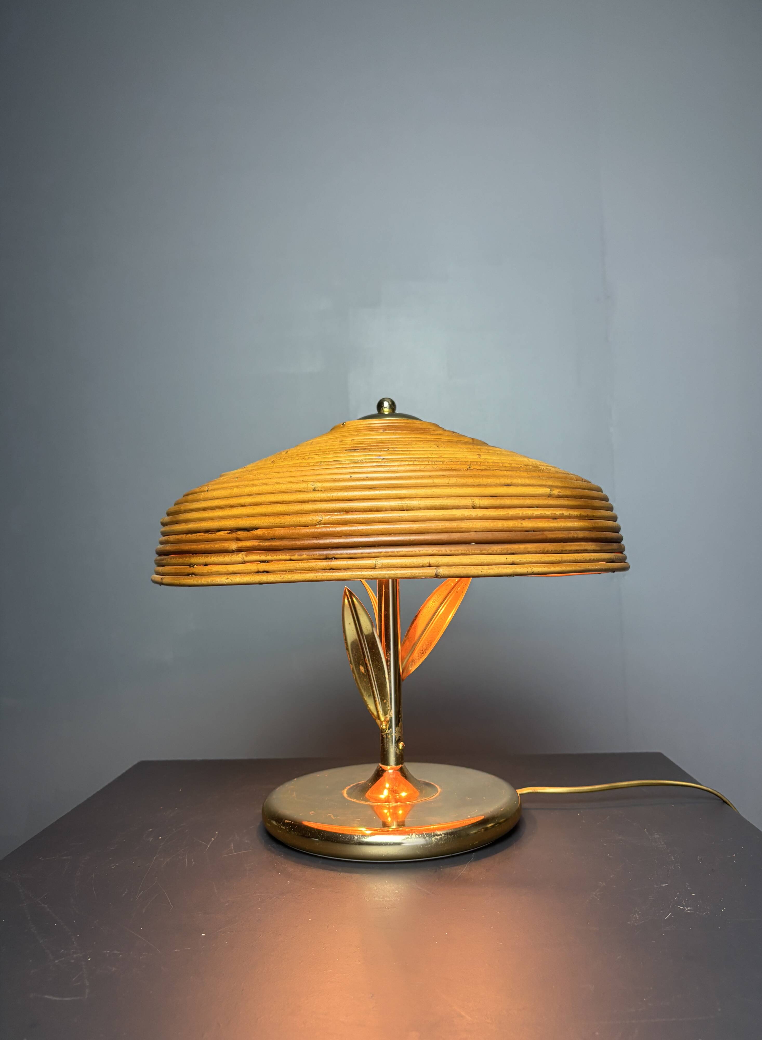 Pencil reed rattan bamboo and brass flower table desk lamp, Italy, 1980s