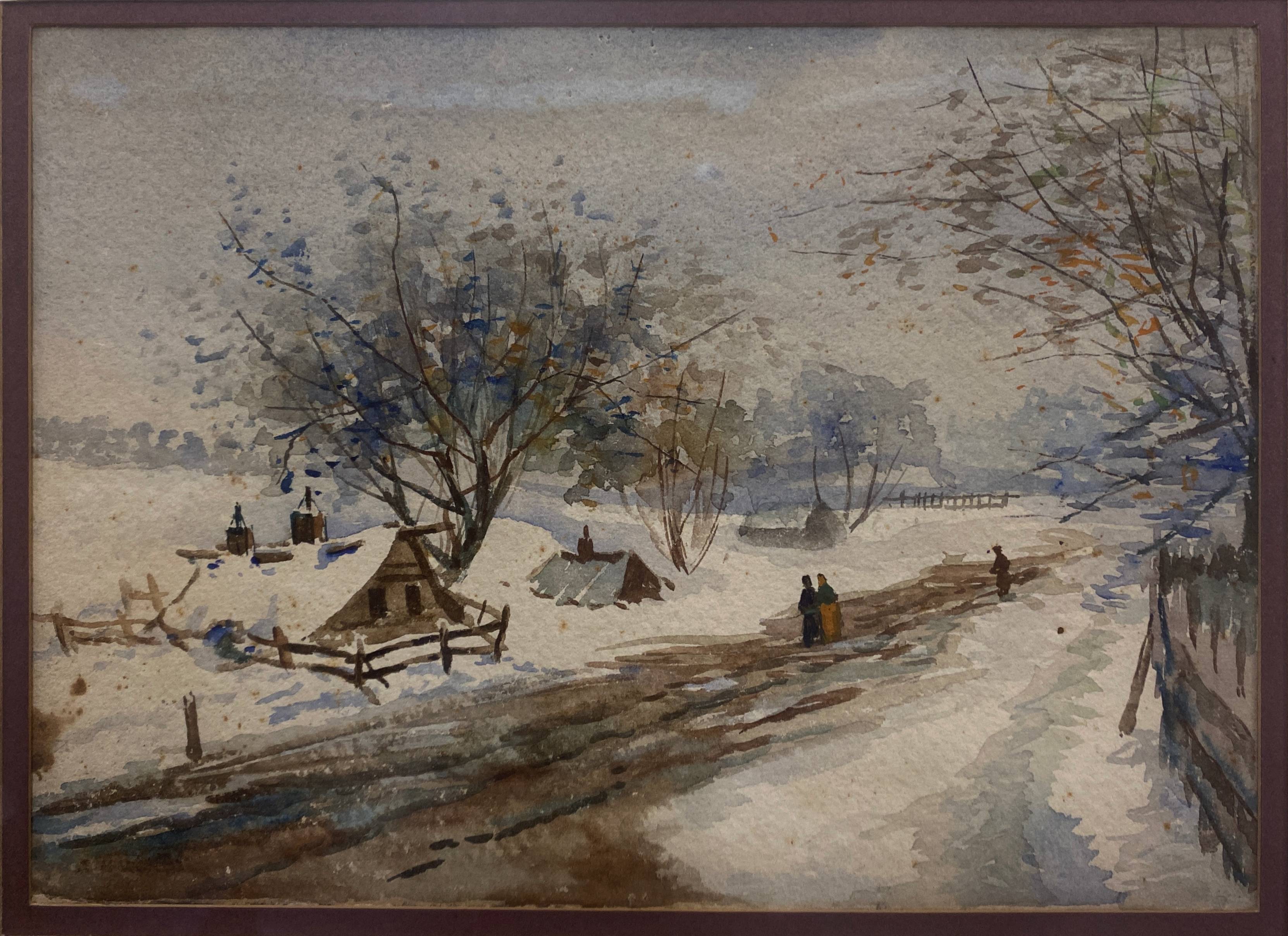 Old watercolor painting "Snow landscape" + frame