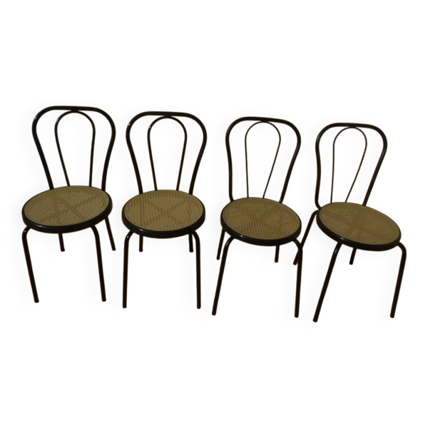 4 Chaises bistrot en métal noir et assise cannage plastique