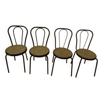4 Chaises bistrot en métal noir et assise cannage plastique