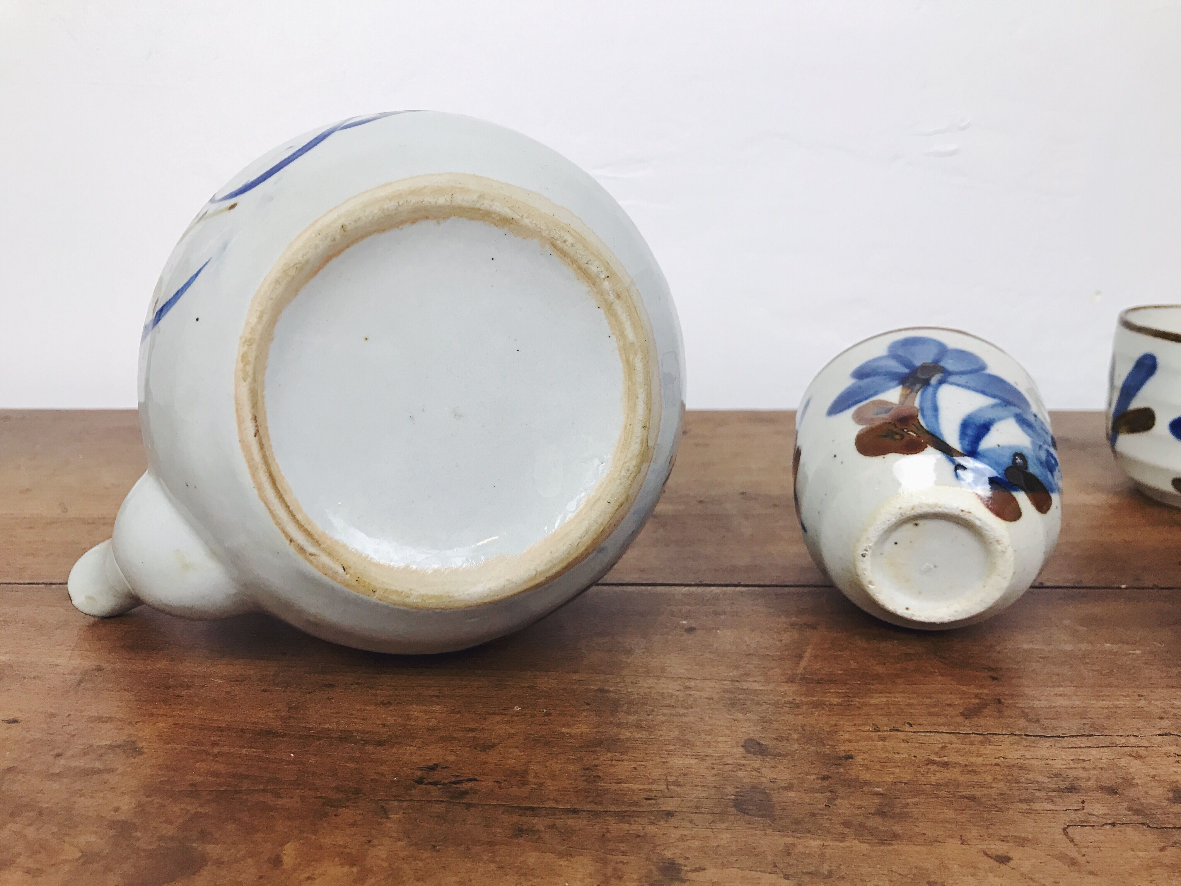 teapot and 4 cups in glazed stoneware - hand-painted blue décor