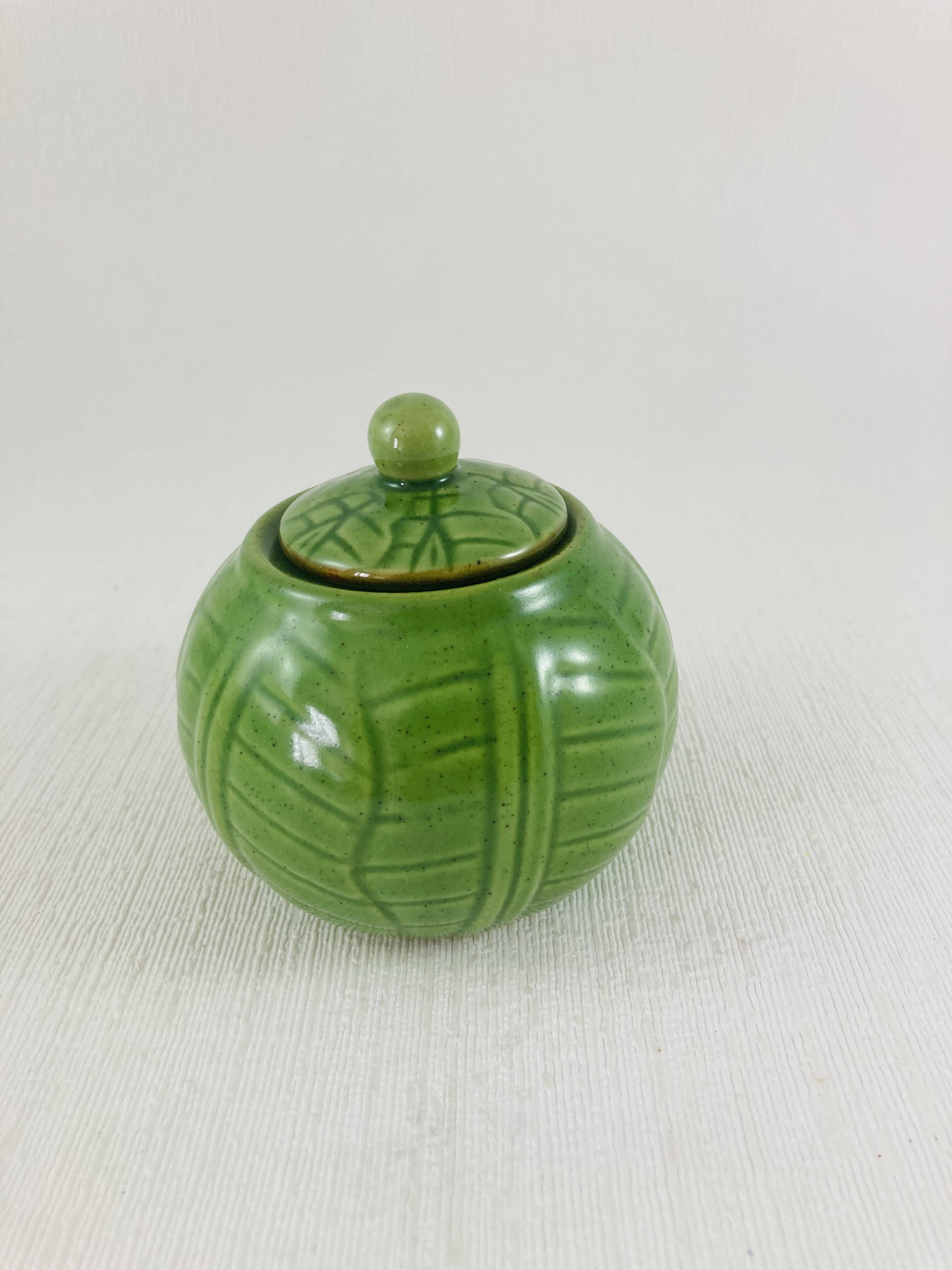 Green earthenware tea set with cabbage pattern, vintage 1970s.